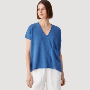 EILEEN FISHER Square Top Light Sweater Organic Linen Cotton XL Blue Boxy V-Neck